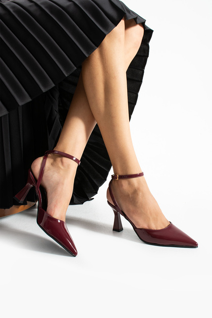 Burgundy Patent Leather Ankle Strap Evening Dress Heeled Shoes