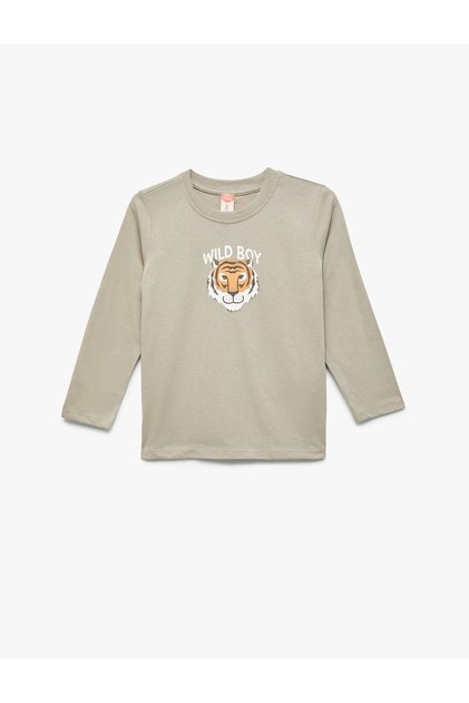 Cotton Long Sleeve Crew Neck Tiger Printed T-Shirt