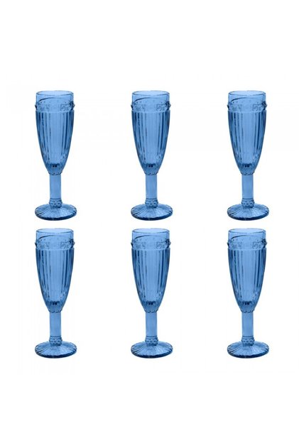 Set 6 pahare sticla sampanie, albastre OLD SCHOOL forme relief 6x20cm 190cm