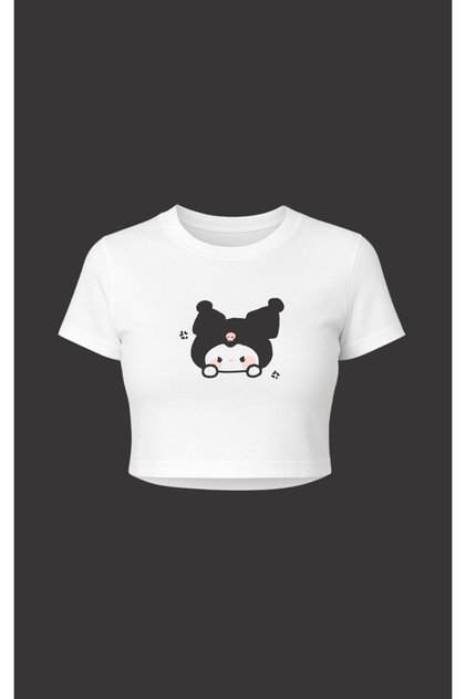 Kuromi Hello Kity Printed Pinterest Type White Crop T-Shirt