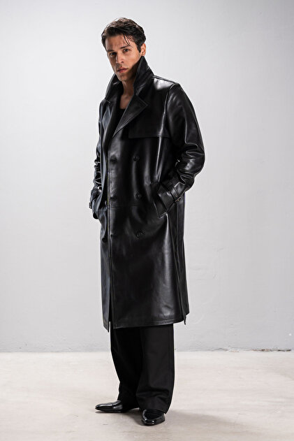Dericlub Harvard Men's Cape Real Leather Trench Coat Black - Trendyol