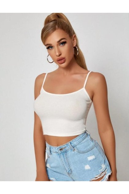 Women's Ribbed Body-Fitting Thin Strap Crop Basic T-Shirt