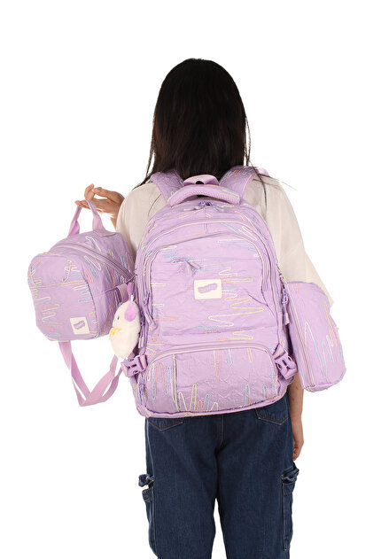 Rlx-1430 Set of 3 Children's Middle School-Primary School Bag Backpack with Pen Holder and Lunch Bag Li̇la