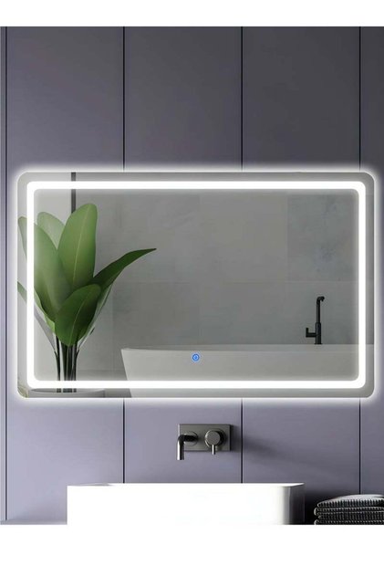مرآة مستطيلة LED مقاس 80×60 سم مع تحكم باللمس، إضاءة أمامية وخلفية، للحمام والمكياج