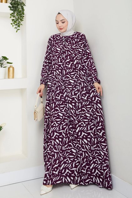 Large Size Viscose Mother's Dress with Elastic Front Purple