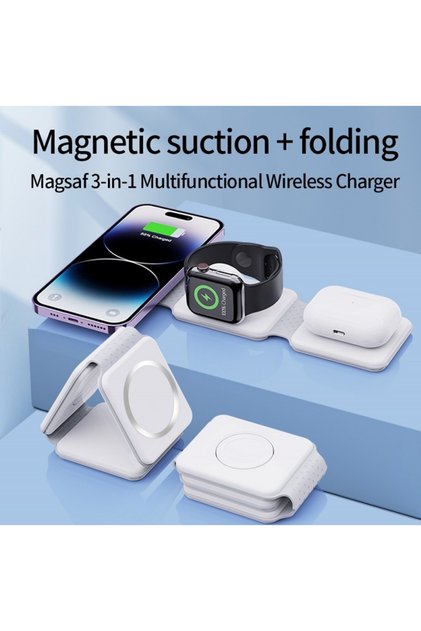Incarcator Wireless 3 in 1, Iphone Apple Watch Airpods Samsung, 30 W, Fast Charging, Magnetic, Alb