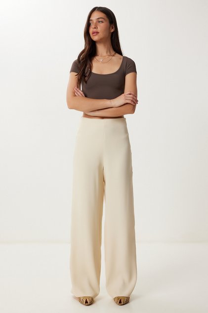 Women's Cream Draped Summer Viscose Trousers Wf00159