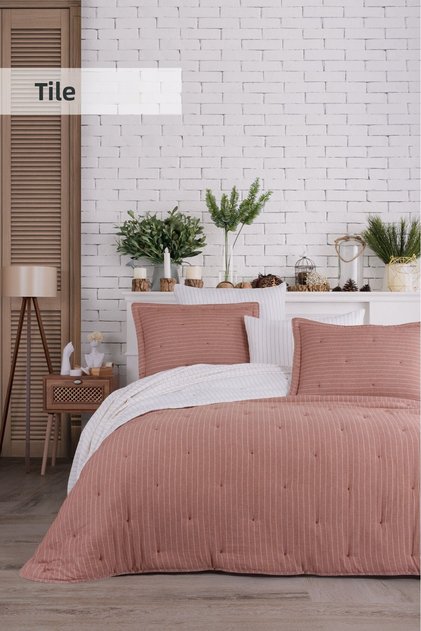 DOUBLE SIDED SOFT DREAMS NATURAL SINGLE PERSON QUILT BED COVER SET TILE