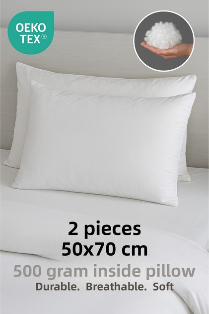 50X70 cm 2 Pieces Micro Satin Fabric Pillow – 100% Silicone Fiber Filling, 500 Grams, Soft, Breathable, Anti-Sweat