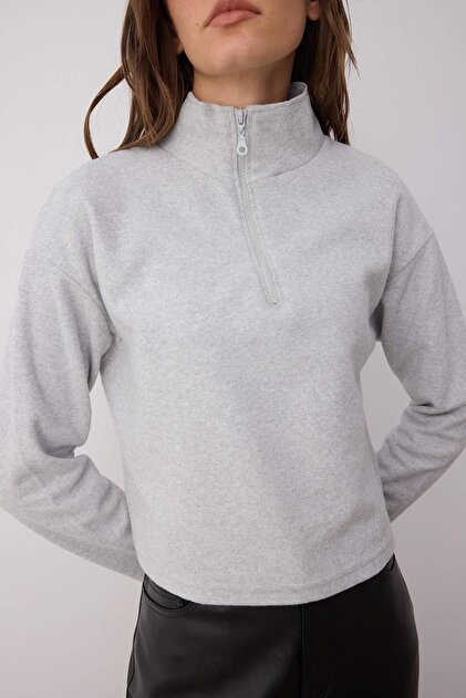 Trendyolmilla Gri Selanik/Triko Görünümlü Fermuarlı Yaka Regular