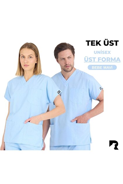 Unisex Terikoton Baby Blue Doctor Nurse Uniform Medical Uniform Surgical Top Thin Fabric (Top)