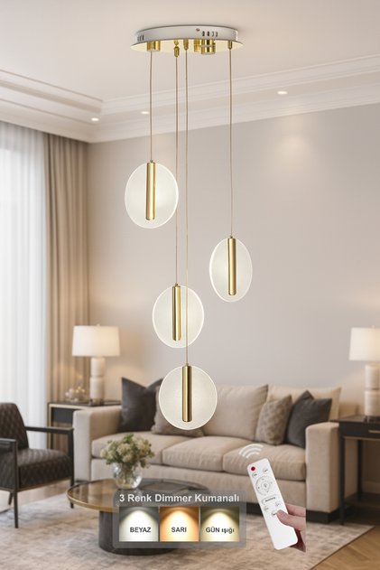 Lovena 4'Lü Ledli Dim Kumandalı Modern Lüks Sarkıt Avize (3 Renk Led; Sarı-Beyaz-Gün ışığı) - GOLD
