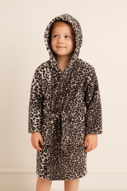 Wild Spirit Leopard Pattern Youth & Kids Hooded Bathrobe – 100% Cotton, Unisex