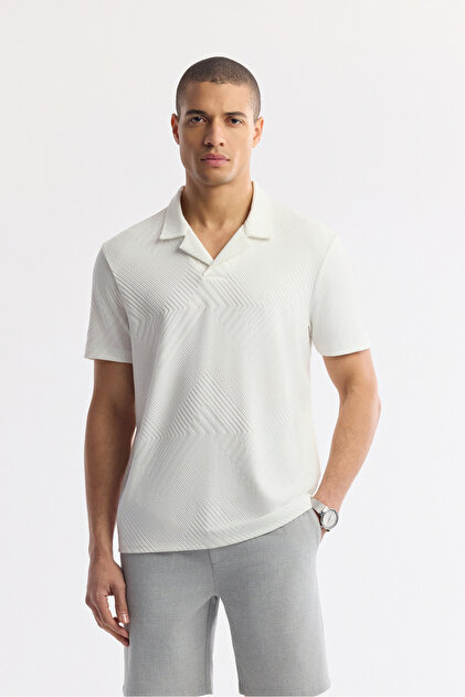 Avva Erkek Beyaz Apaj Yaka Çizgili Jakarlı Elastan Regular Fit T