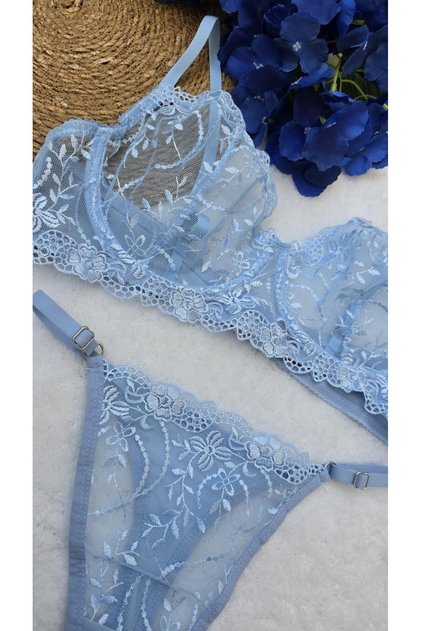 Düz Mavi Çiçek Nakış Işlemeli Dantelli Balenli Bralet Takım