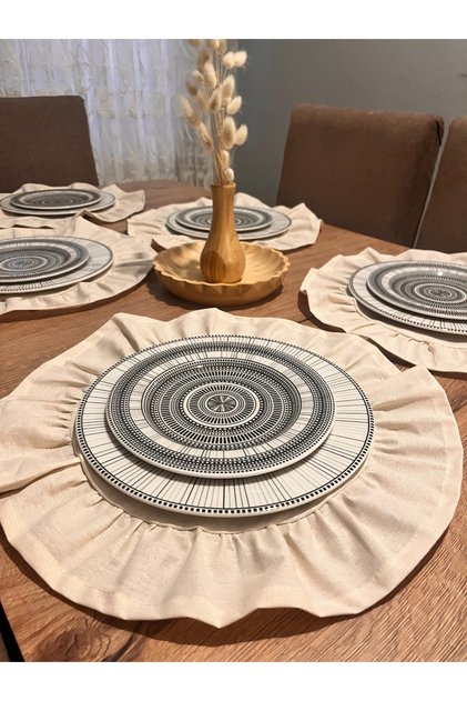 Ruffled Raw Linen American Service Round Supla 6 Pcs 40 cm