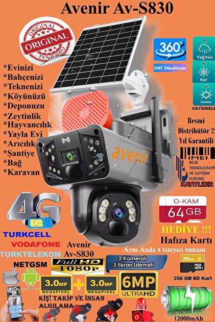 Avenir Av-S830 Güneş Enerjili 4G Sim Kartlı 6MP Güvenlik Kamerası
