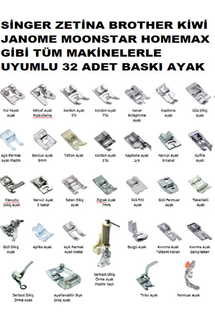 Swart SİNGER ZETİNA JANOME BROTHER HOMEMAX 32 PARÇA EV TİPİ DİKİŞ