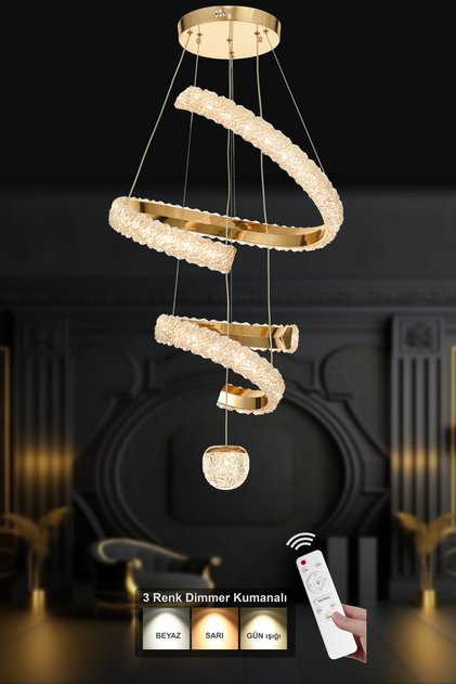 Milly 2 Katlı Dimmer Kumandalı 3 Renk Ledli (Sarı-Beyaz-Gün Işığı) Modern Akrilik Avize -Gold