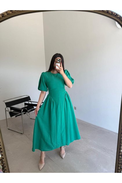 Green Tie Waist Watermelon Sleeve Linen Dress