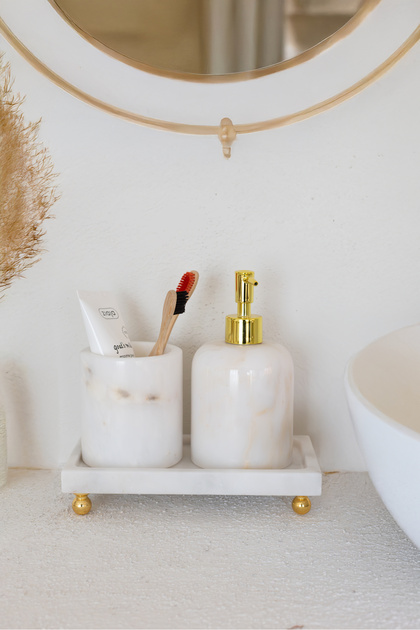 Mermer Beyaz 3 Parça Gold Ayak Banyo Seti Mutfak Sıvı Sabunluk Seti