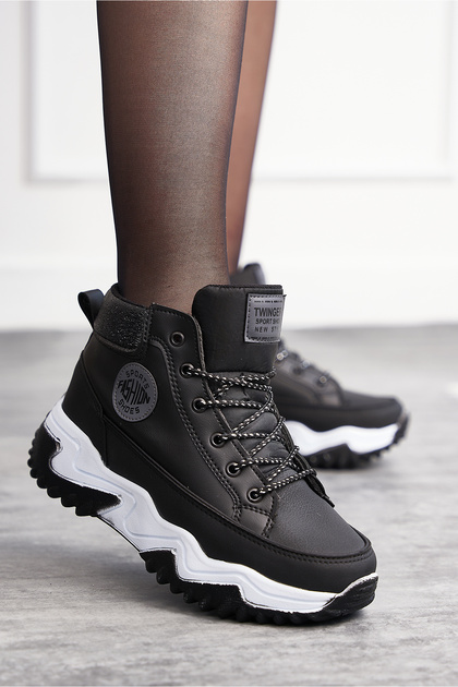Daily Women's Black Sneaker Glittery Laced High Thick Heeled Ankle Comfortable Sports Shoes 2410
