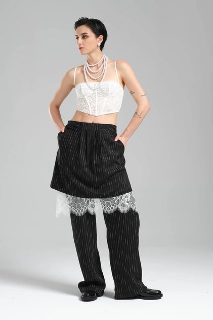 Women's Woven Fabric Lace Garnished Two Piece Design Skirt Pants