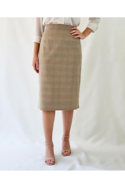 Women's Camel Checked Pencil Midi Woven Skirt