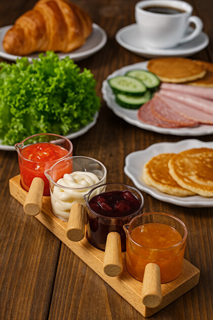 AzzaWood 4 lü Şeffaf Ahşap Altlıklı Sosluk Reçellik (mika) - 80 ml