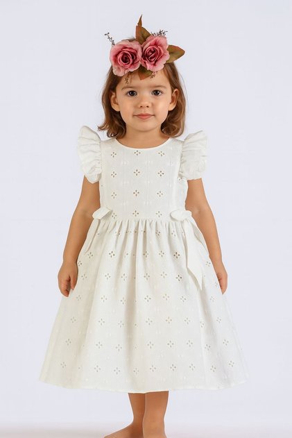 My Mini's Flowers Ruffled Broderie Girls' Dress with Bow - White