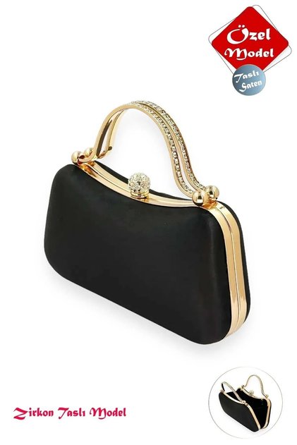 Women's Black Satin Evening Dress Bag Zircon Stone Evening Dress Stylish Bag Is an Elegant Design