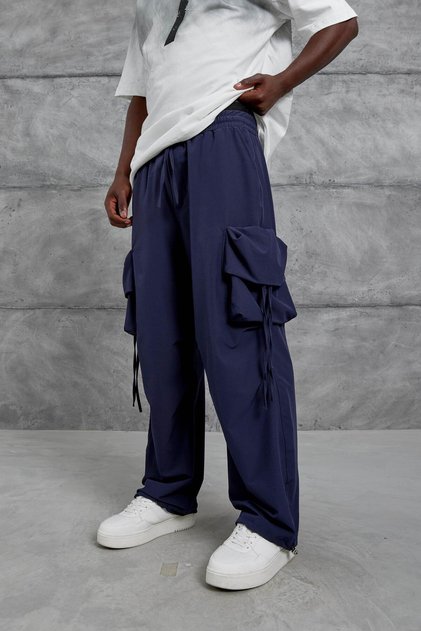 Men's Sweatpants String Fabric Navy Blue Oversize Cargo Pockets Parachute Loose Fit