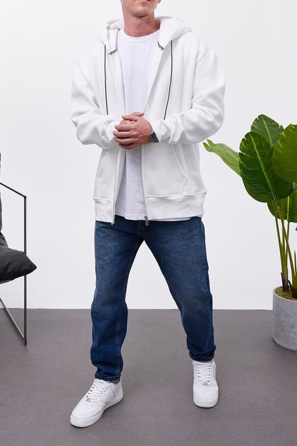 Men's Sweatshirt White Oversize Hooded Zippered 3 Thread Ribbed