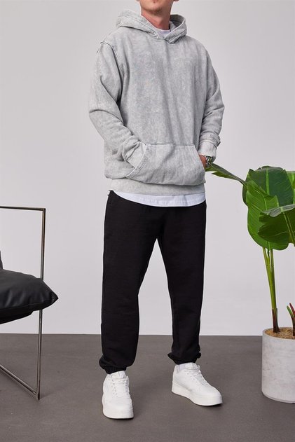 Erkek Sweatshirt Yıkamalı Gri Oversize Kapüşonlu 3 İplik Şardonsuz