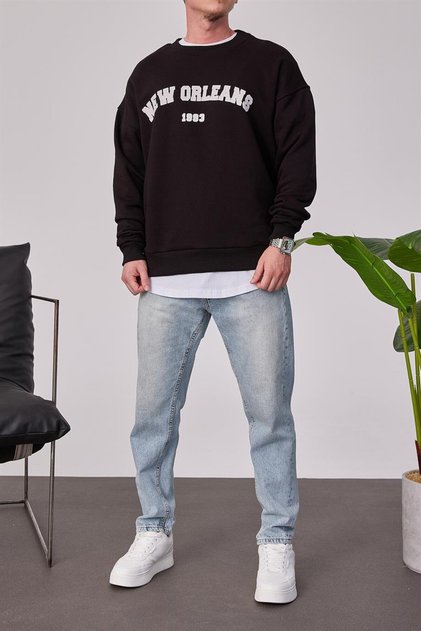 Men's Sweatshirt New Orleans Black Oversize Crew Neck 3 Thread Without Drawstring