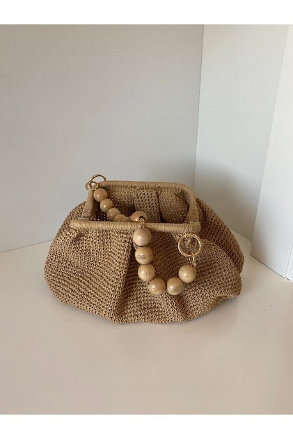 حقيبة يد من القش من تاليا مع حزام خشبي مزين بالخرز مقاس 25×20 سم مبطنة ومصنوعة يدويًا
