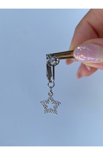 Çelik Göbek Piercing Mıknatıslı Deliksiz Kullanım Sıkıştırmalı Yıldız Sallantılı Model