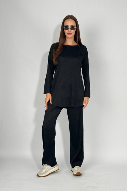 Women's Pantsuit with Hijab, Slit Bottom and Top, Two-Piece Set, Black