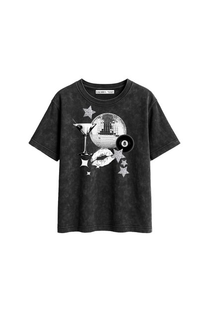 Martini Disco Printed Relaxed Fit Washed Black Women's Tshirt