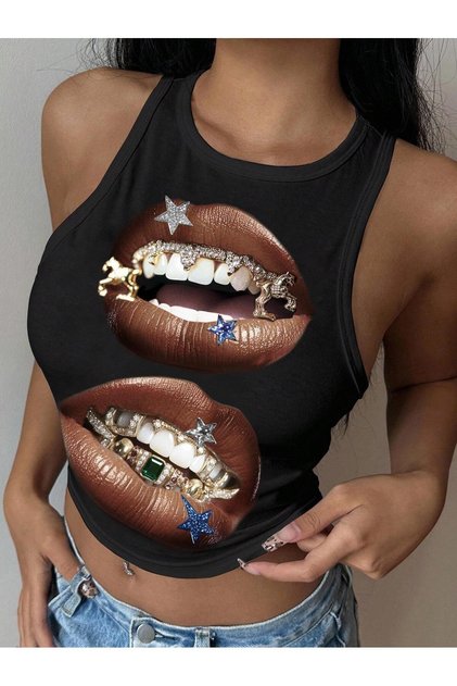 Women's Black Printed Crop Tank Top – Teeth Grillz Pattern, Street Fashion Style