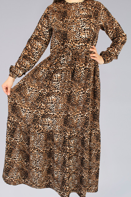 Leopard Patterned Viscose Fabric Long Tested Dress