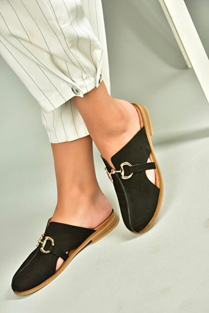 Fox Shoes U944150403 Siyah Hakiki Deri Önü Kapalı Kadın Terlik