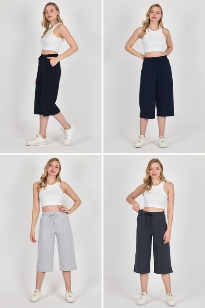 High Waist Pocket Relaxed Cut Seasonal Women's Knee Length Bermuda Black-Navy-Grey-Anthracite Capri with 4