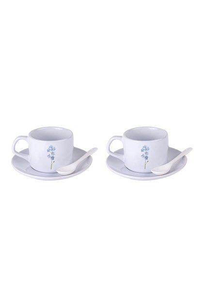 Purple Flower Patterned Tea & Coffee Cup Set with Double Spoon