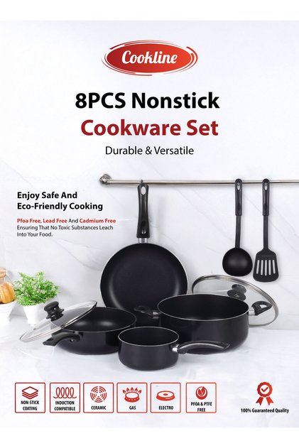 Pressed Aluminum Nonstick Cookware Set 8 PCS, Black with Shiny Finish & Induction Bottom
