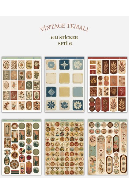 6’lı Vintage Temalı Sticker Seti – 12x17 cm | Bullet Journal, Scrapbook, Ajanda ve Planlayıcı İçin
