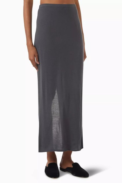 Merino Wool Maxi Skirt, Low Rise, Stretchy Waistband and Split Design, Dark Grey