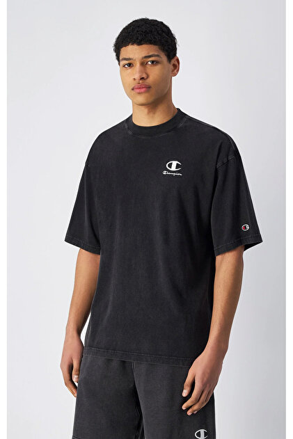 Champion Icons Plush Wash Crewneck T-Shirt Siyah Erkek Tişört