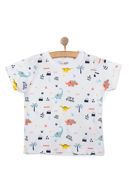 HelloBaby Erkek Bebek Basic Tişört Dinozor Desenli Bisiklet Yaka Kısa Kol Beyaz