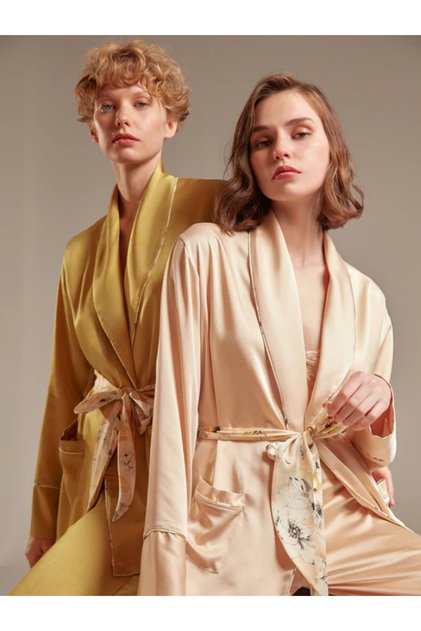 Satin Pants Robe Bra 3-Piece Set Pajama Set Green Bm-1337